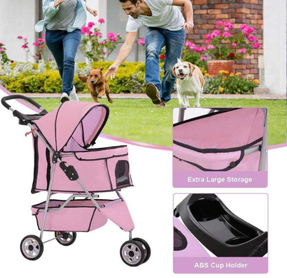Bestoffice 3 Wheels Pet Dog Stroller Cat Cage for Medium Small Dogs Cats Travel Folding Carrier Waterproof Puppy Stroller with Cup Holder & Removable Liner,Pink
