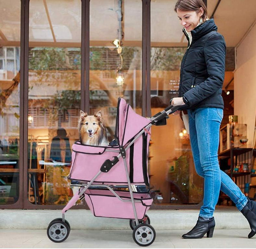 Bestoffice 3 Wheels Pet Dog Stroller Cat Cage for Medium Small Dogs Cats Travel Folding Carrier Waterproof Puppy Stroller with Cup Holder & Removable Liner,Pink