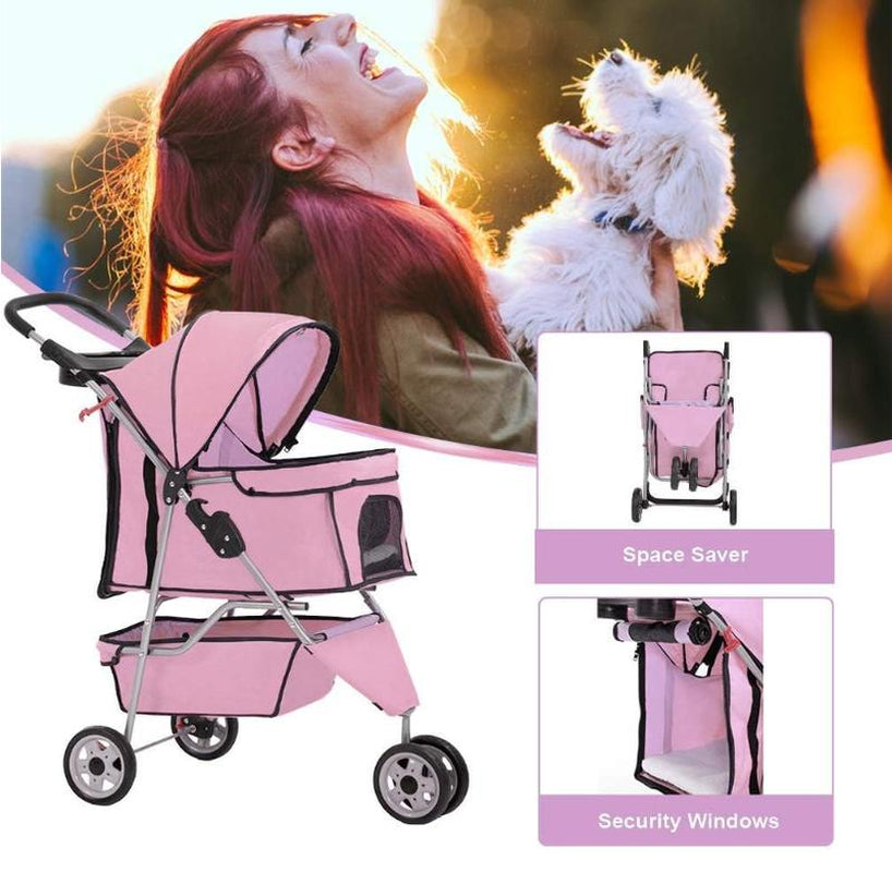 Bestoffice 3 Wheels Pet Dog Stroller Cat Cage for Medium Small Dogs Cats Travel Folding Carrier Waterproof Puppy Stroller with Cup Holder & Removable Liner,Pink