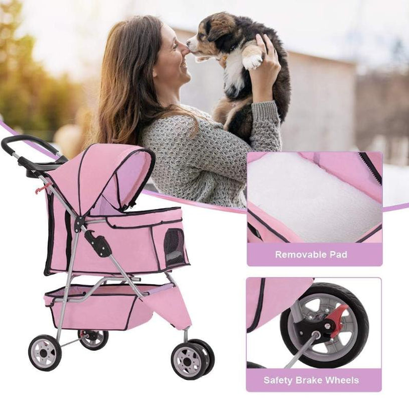 Bestoffice 3 Wheels Pet Dog Stroller Cat Cage for Medium Small Dogs Cats Travel Folding Carrier Waterproof Puppy Stroller with Cup Holder & Removable Liner,Pink