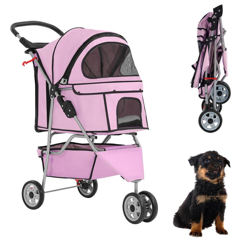 Bestoffice 3 Wheels Pet Dog Stroller Cat Cage for Medium Small Dogs Cats Travel Folding Carrier Waterproof Puppy Stroller with Cup Holder & Removable Liner,Pink
